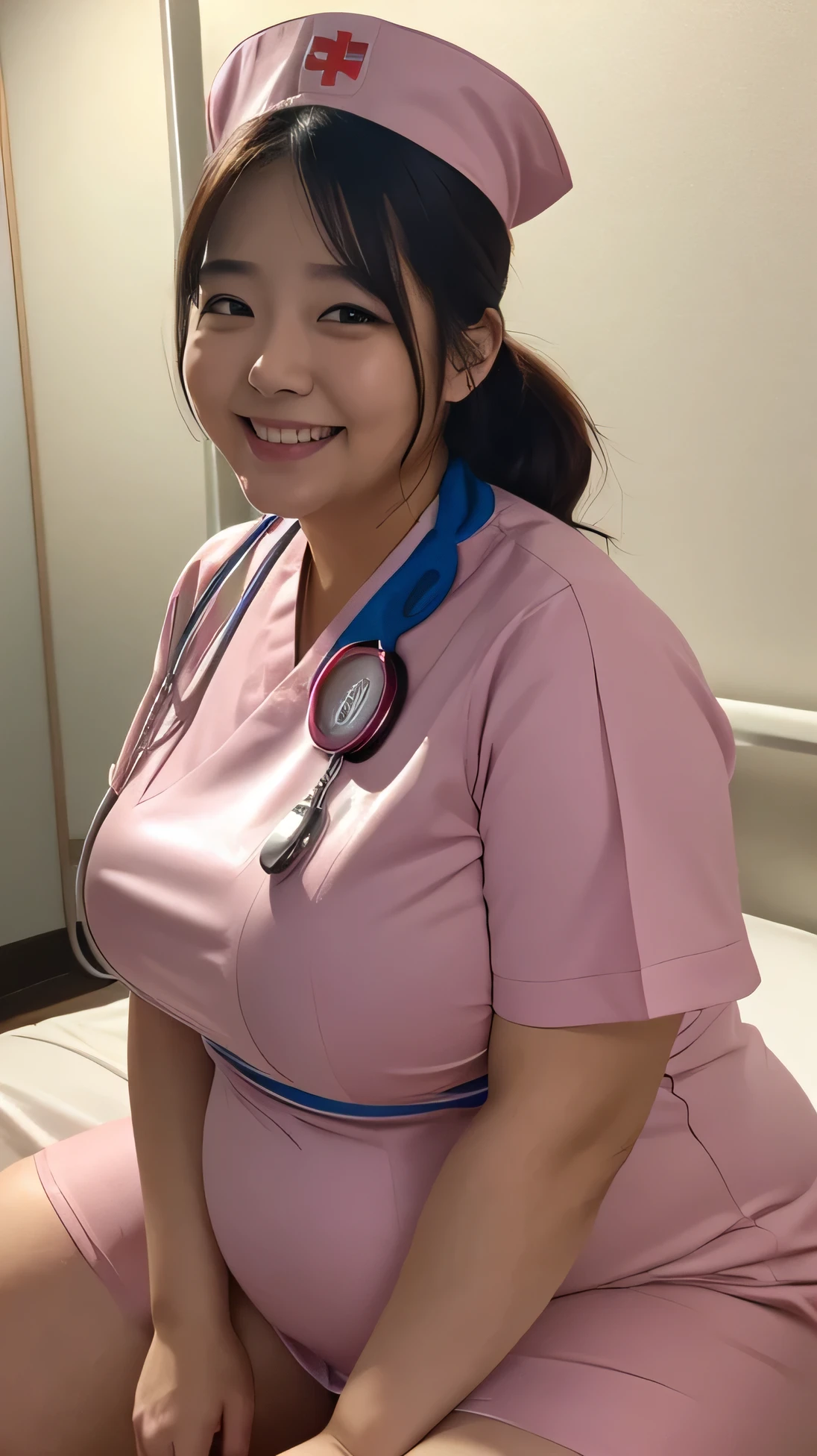 ((8K)), highest quality, 超High resolution, (Surreal)、(High resolution), 1 girl, nurse, Japanese, ((nurse costume)), Overweight, Extremely fat, ((Chubby)), ((Sarcastic-Smile)), int the hospital room, hospital