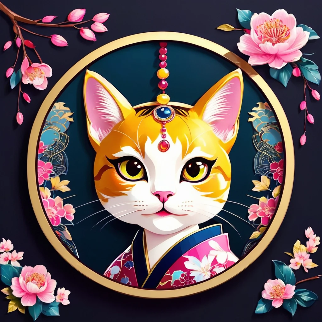 round frame, round circle, circular, create a Japanese circular seal kamon (very colorful with contrast) in the size of the picture on a white background, an indigo-gold art deco circle a floral art deco pattern in the middle the upper body picture of a stunning cat girl (long magenta hair,yellow cat eyes)with a beautifully designed clothing with georgeous patterns and flower hanfu headpiece. she is posing in front of plain graphic japanese background inside the round frame. cat ear, vampy fang,cateyes, pink cherry blossoms