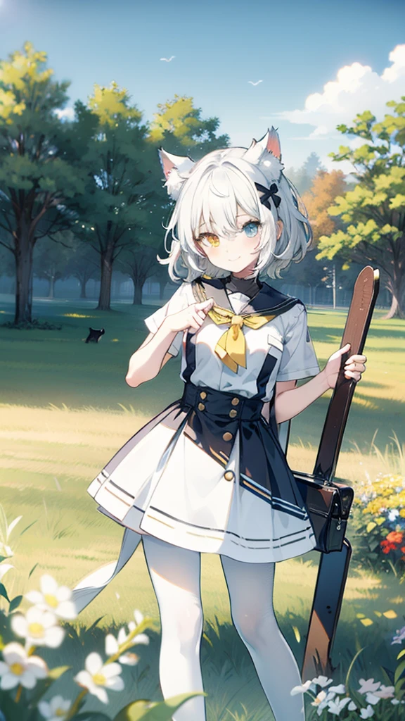 White hair，Cat ear，Heterochromia（Left blue right yellow），Small size，campus，White pantyhose，grassland，Smile