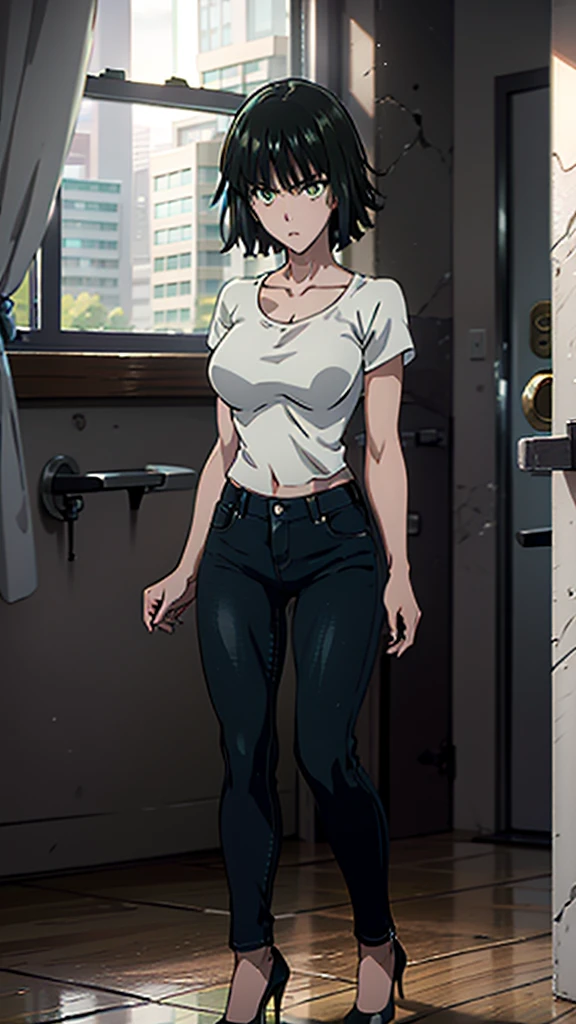 Fubuki from One Punch Man, masterpiece, best quality, 8K, UHD, ultra detailed, ,sexy pose, full body ,beatiful green eyes, beatiful hair, wearing black thight jeans , wearing a tight white box t-shirt, wearing high heels, sexy leg, sexy