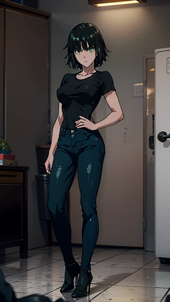 Fubuki from One Punch Man, masterpiece, best quality, 8K, UHD, ultra detailed, ,sexy pose, full body ,beatiful green eyes, beatiful hair, wearing black thight jeans , wearing a tight white box t-shirt, wearing high heels, sexy leg, sexy