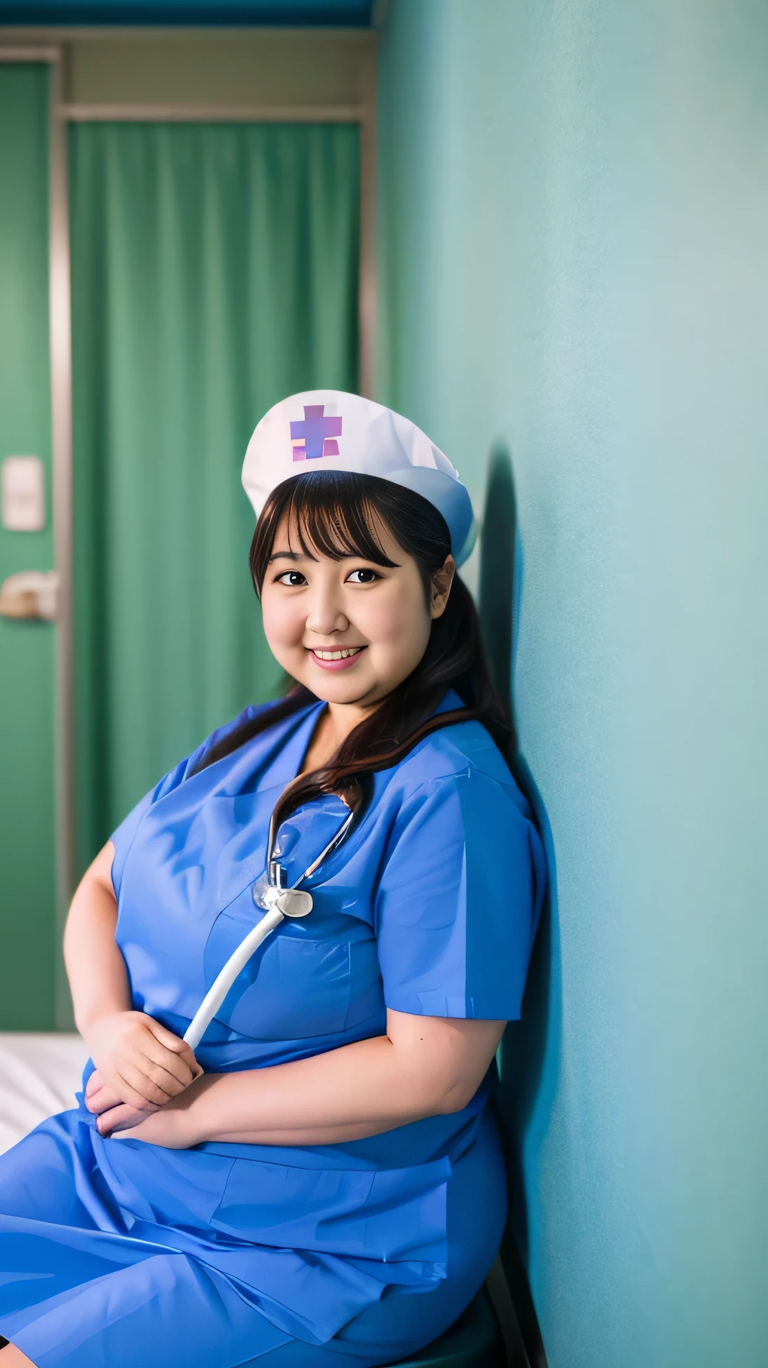 ((8K)), highest quality, 超High resolution, (Surreal)、(High resolution), 1 girl, nurse, Japanese, ((right blue nurse costume)), Overweight, Extremely fat, ((Chubby)), ((Shy-Smile)), int the hospital room, hospital