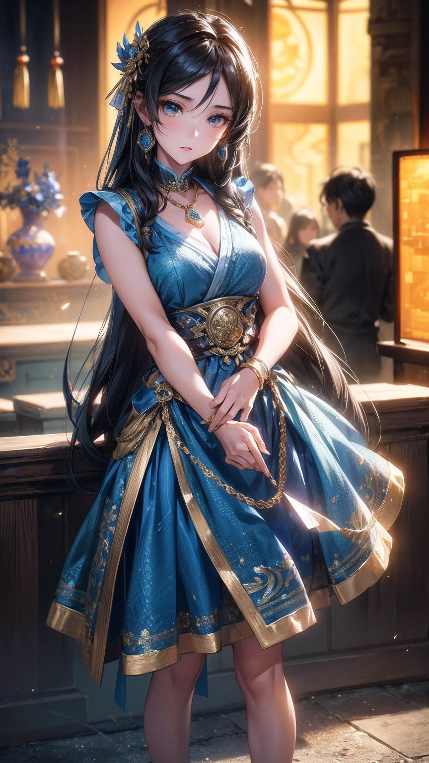 Wearing a blue dress、Arav woman wearing a gold belt and necklace, 3D Rendering Character Art 8k, Popular on cgstation, Pan Chengwei on artstation, Inspired by Lan Ying, 8k Artistic German Bokeh, 8k high quality detailed art, deviantart artstation cgscosiety, cgsociety 8k, cgsociety 8k