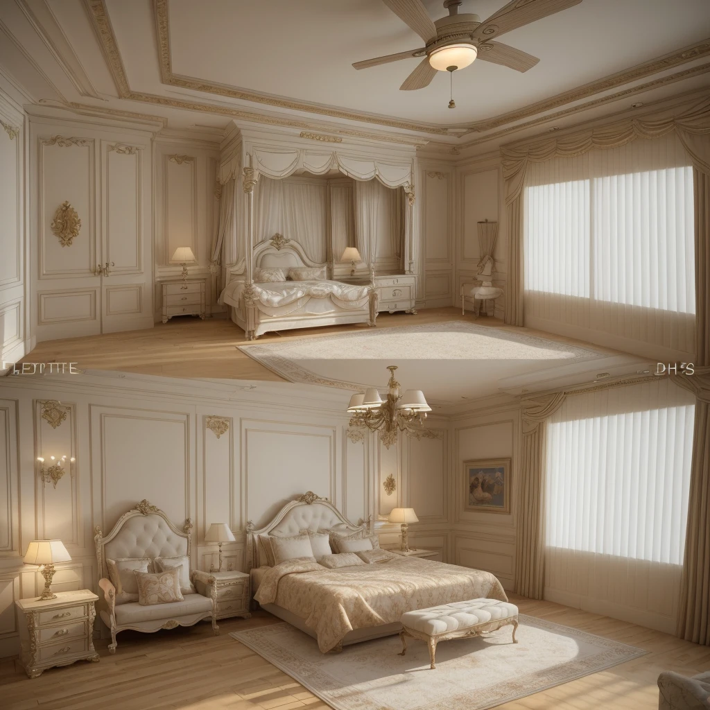 there is a large bed in a room with a ceiling fan, bedroom interior, beautiful 3 d rendering, interior architecture view, luxury hd render, high definition 3 d render, vray beautiful, high quality 3 d render, high quality 3d render, excellent 3d render, elegant interior, 3d rendering, 3 d rendering, photorealistic room