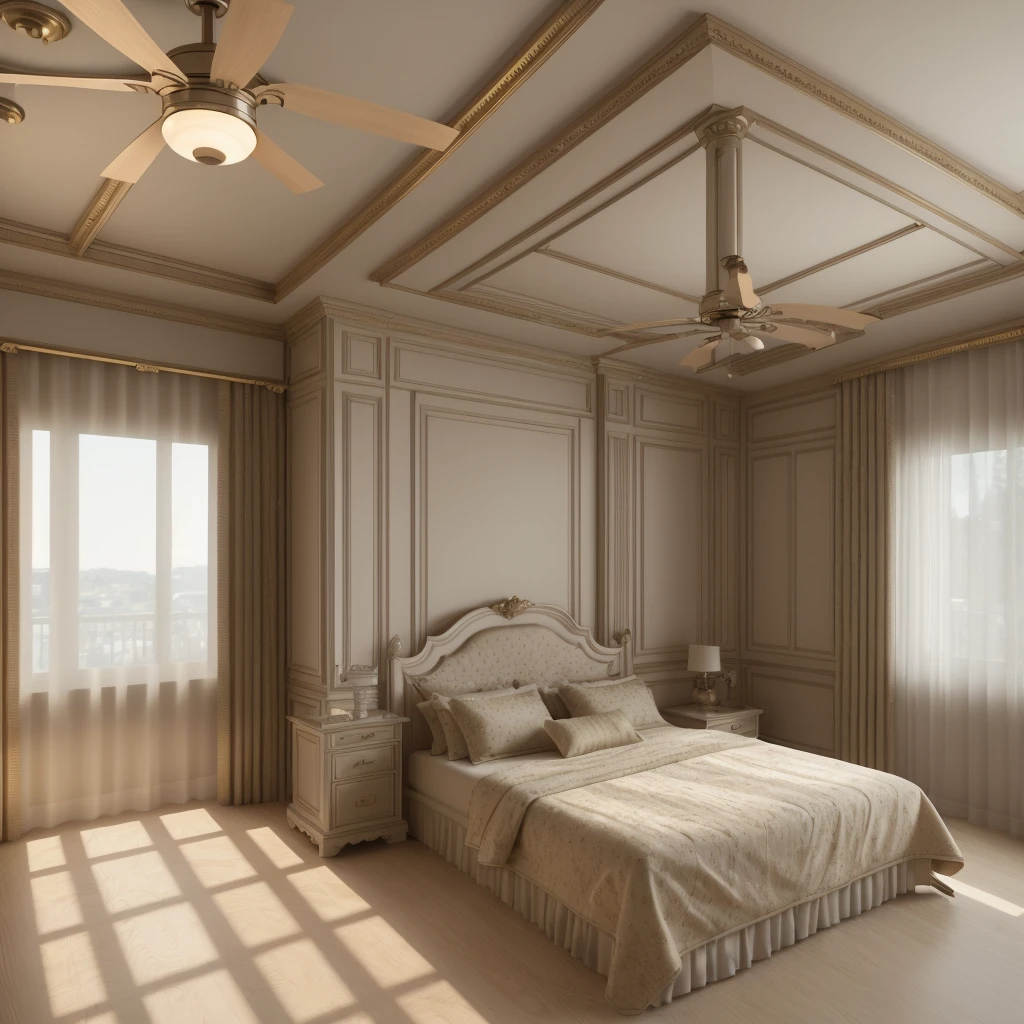 there is a large bed in a room with a ceiling fan, bedroom interior, beautiful 3 d rendering, interior architecture view, luxury hd render, high definition 3 d render, vray beautiful, high quality 3 d render, high quality 3d render, excellent 3d render, elegant interior, 3d rendering, 3 d rendering, photorealistic room