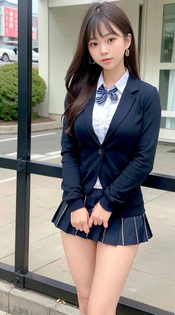 (16K, Raw photo, Best image quality, masterpiece: 1.45), (Realistic, Photorealistic: 1.37), One Girl, cute, Cityscape,, Professional Lighting, Photon Mapping, School classroom, Physically Based Rendering, Dark brown hair,Ponytail hairstyle, Beautiful, well-groomed eyes、((double eyelid))、Super cute girl, (((school uniform、blazer、Long-sleeved shirts worn by Japanese high school girls、Ribbon tie、Dark blue mini skirt,、Dark blue socks、Black Loafers))), Highest quality photos, High resolution, 1080P, (Clear Face), (Detailed face description), (Detailed hand description), (masterpiece), (Exquisite CGI)、Extreme light and shadow、Disheveled Hair、masterpiece、Rich details、(Beautiful Faces)、(Highest quality photoasseter muscle area)、(Detailed eyes)、Look in front of you、Thin clavicle、((Slim and large))、(((Japanese female students are wearing jackets and long-sleeved shirts)))、((Pure Idol))、((school gate、Schoolyard、School building in the background))、(Shot from random perspectives)、(((とにかくcute)))、Earrings、Big smile、Drawing the whole body from the knees、No nasolabial folds、(((Sports bags used by Japanese female students)))、(Large saggy breasts:1.4)、Firm big ass、Two arms and two legs、(((from the front:0.7)))、bare hands、(((Symmetrical eyes)))、Standing pose、There is a chair、Place your hands on the desk、Please do not remove the tie from the jacket、Keep your butt up:1.5,Naked:1.5,She's embarrassed in her underwear
