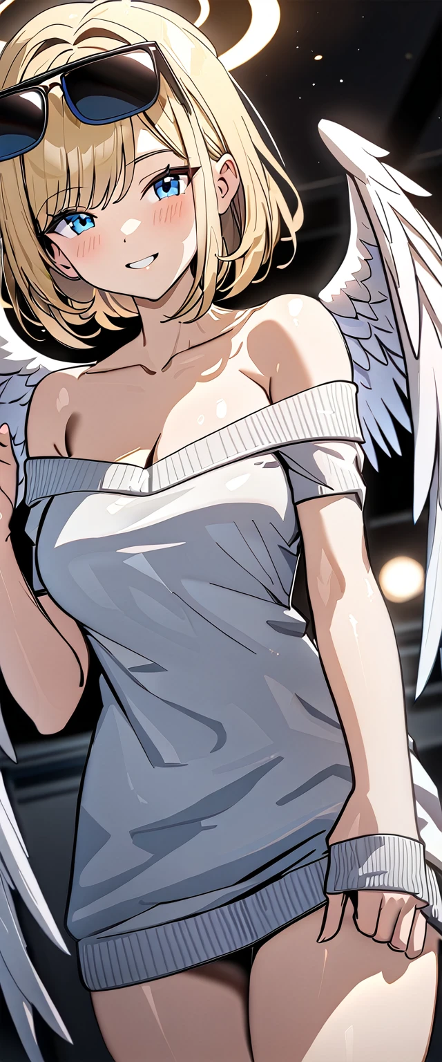 ((angel, big big white wings:1.3, halo:1.3)), ((from below)), (((sunglasses, hand to sunglasses))), (((cowboy shot))), archangel Uriel, ((wavy hair, inward curled hair)), evening, Sunset, ((blond hair, bob cut:1.3)), breasts, ager, (looking at viewer), oversized clothes, puffy long sleeves, ((off-shoulder sweater:1.3, Quite thick shoulder straps)), ((white sweater)), collarbone, head tilt:1.3, (((blue eyes))), ((happy smile)), (((anime style))), (best quality, 4K, 8K, highres, masterpiece:1.2, ultra-detailed, ultra-detailed eyes, HDR, uhd, studio lighting, ultra-fine painting, sharp focus, physically-based rendering, extreme detail description, professional, vivid colors, bokeh)