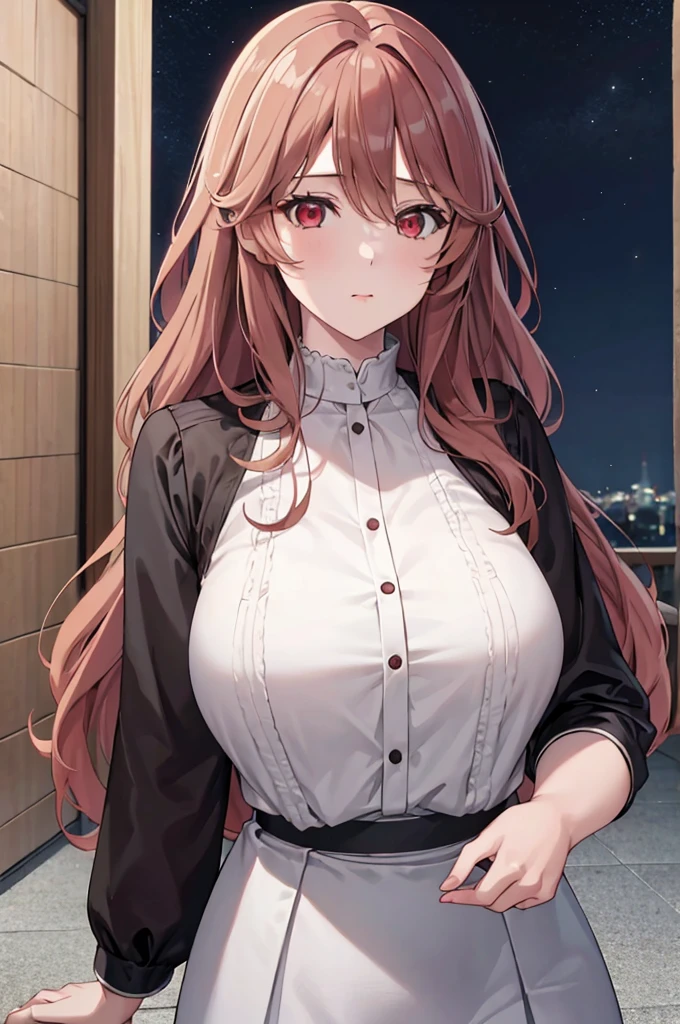 (masterpiece:1.3), (best quality:1.1), (8k, ultra detailed, ultra high res:1.2), ((anime style)), (perfect 5 fingers:1.1), perfect anatomy,
1girl,
BREAK long hair, wavy hair,
strawberry blonde hair,
red eyes, empty eyes.
large breasts,
black blouse, white skirt,
looking at viewer,
upper body,
perfect light,
outdoor, outside, at night, Night sky,