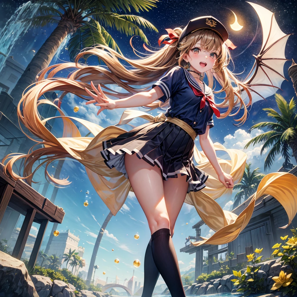 Red, brown, gold, gold hair、Golden Eyes、Hair tied up、One good looking girl、solo、anime、Checkered mini skirt、Ruffles on the skirt、Checked dress、blouse、school uniform、Black knee-high socks、Wearing a baseball cap、Ribbon、Ribbon on waist、Teeth are visible、Silver coin necklace、From above、Cobblestones、waterfall、Starry Sky、Midnight Moon、suspension bridge、Soap bubbles are flying、beam、ripple、Rocks floating in water、Standing still、Eight Towers、Palm Tree、Transparent、Dragon flying、Sandy Beach