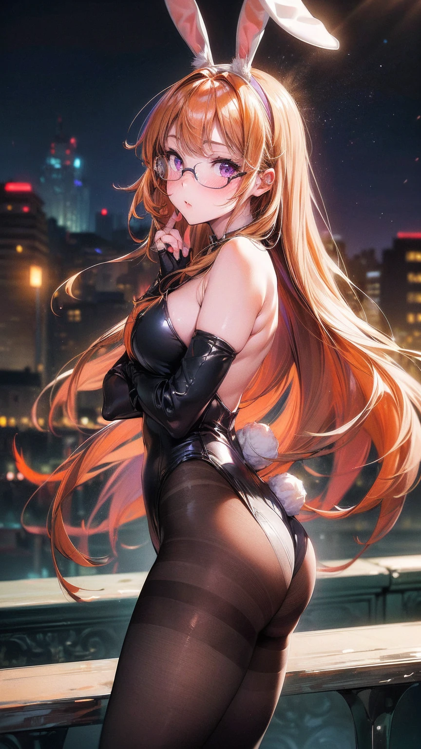 (best quality, masterpiece), Depth of Field, Blurred background, cowboy_shooting, Thick thighs, permanent, Solitary, 1 Girl, Orange long hair, (Ahog:0.9), Glasses, Bangs, Purple Eyes, (Full face blush), ((Bunny Girl, Pantyhose, Bunny ears, High Legs, High Legs Tights, black Tights, Tights)), bar, night club, night,