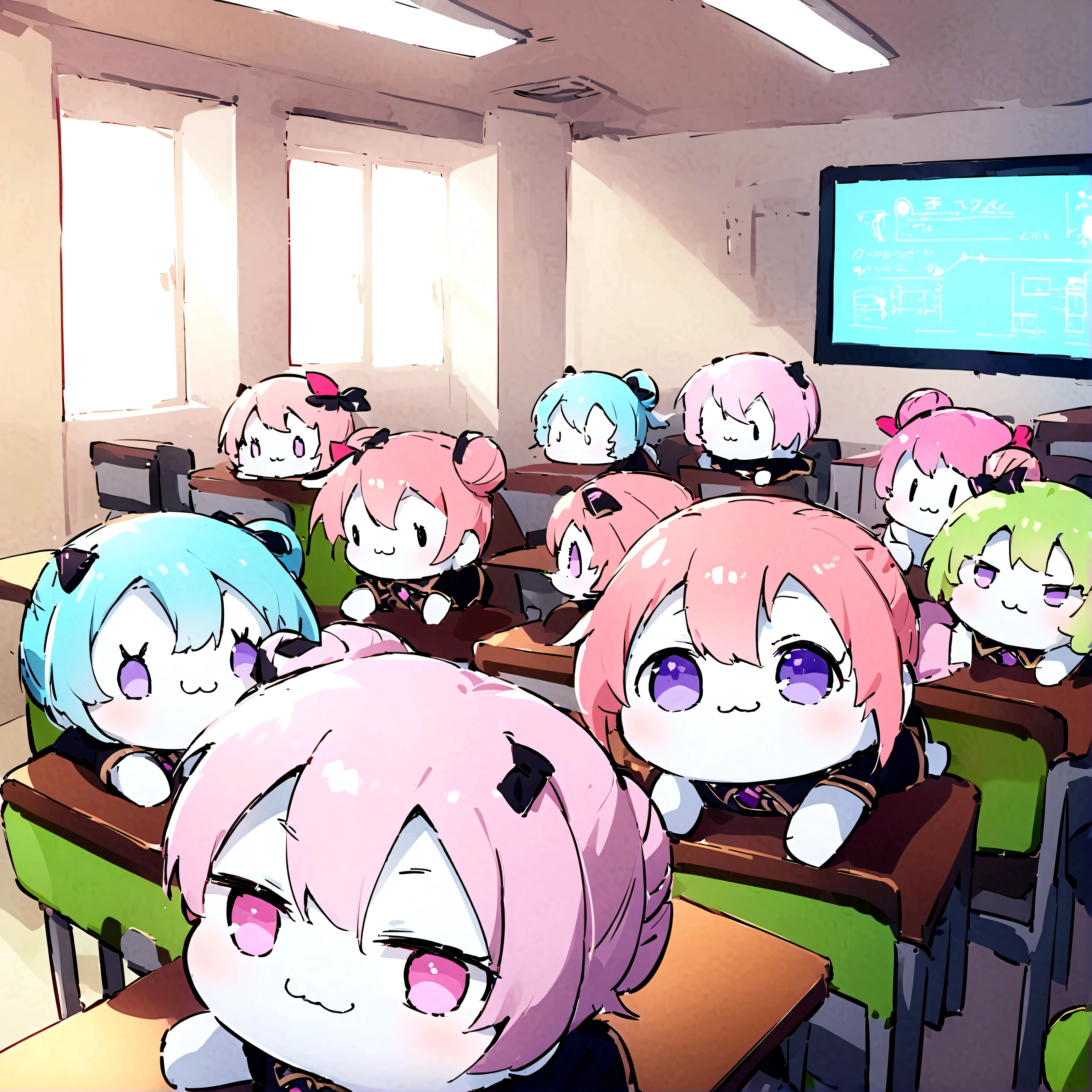 score_9,score_8_up,score_7_up,sure,Living things,:3,Little,Pink Hair,Purple Eyes,Hair Bun,Hair Ribbon,No humans,White skin,Round eyes,No pupil,uniform,ruanyi0726,machine,indoor,Chair,lecture room,