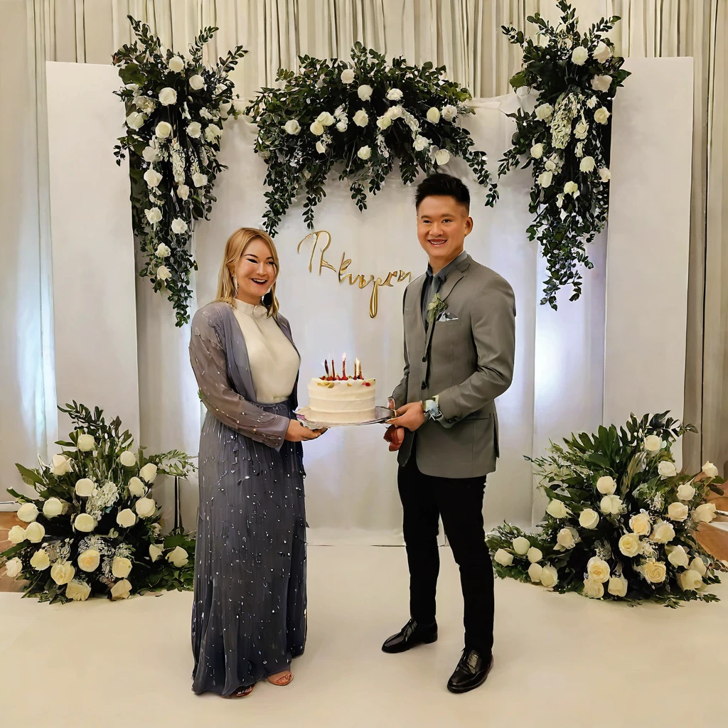 they are standing in front of a floral display holding a cake, wedding, wedding photo, in front of white back drop, lovely couple, happy couple, holding gift, shot on nikon z9, couple, captured on canon eos r 6, 😭🤮 💔, taken with canon 5d mk4, full device, diy, taken with sony alpha 9, customer