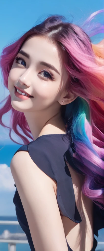 A stunning portrait of a 17-year-old girl with rainbow-coloured hair, a mix of blue and pink, under a brilliant sky on a sunny summer day、A breathtaking view unfolds。Half blue and half pink、A girl with colorful, flowing hair、Standing with a captivating smile。Long curls cascading down in golden waves、Frames bright sky blue eyes。Red and black repair dress 1.Wearing a voluminous 2-meter skirt、Captivate the audience with elegance。The dress was torn in many places、It is revealed