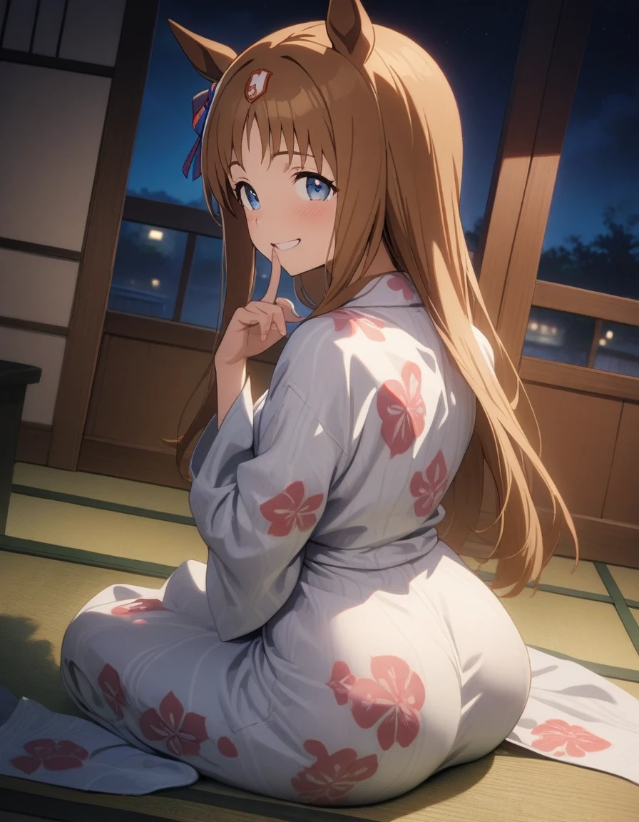 1girl, grass wonder \(umamusume\), solo, yukata, tatami, highly detailed, sitting, grin, finger to mouth, huge ass, night, indoor, from back, looking back, looking at viewer, cinematic angle, best quality, masterpiece, small breasts, nsfw