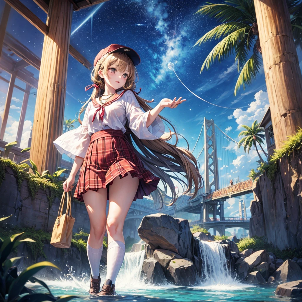 Red, brown, gold, gold hair、Golden Eyes、Hair tied up、One good looking girl、solo、anime、Checkered mini skirt、Ruffles on the skirt、Checked dress、blouse、school uniform、Black knee-high socks、Wearing a baseball cap、Ribbon、Ribbon on waist、Teeth are visible、Silver coin necklace、From above、Cobblestones、waterfall、Starry Sky、Midnight Moon、suspension bridge、Soap bubbles are flying、beam、ripple、Rocks floating in water、Standing still、Eight Towers、Palm Tree、Transparent、Dragon flying、Sandy Beach