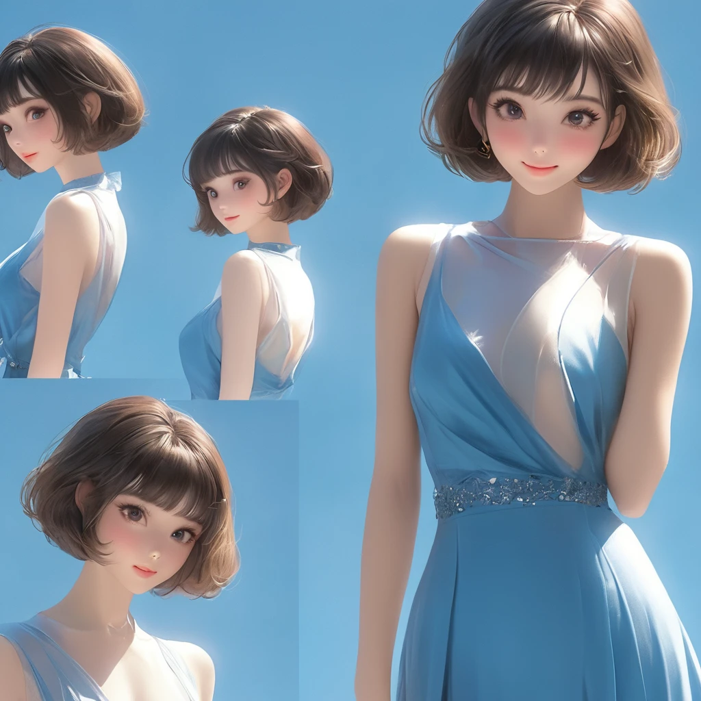 (SFW:1.8、masterpiece, Highest quality),1 Girl, alone, hyper Realistic, Realistic,Realistic, Looking at the audience, Light brown eyes:1.4,短めのBrunette Short Bob Hair:1.6、Highly detailed shiny hair:1.5, Very delicate and beautiful、Lepangas:1.4), Mouth closed, Upper Body、Big Eyes、eyelash、whole :2,(((Add highlights to the eyes:1.4、Big Eyes、Short Bob Hair、Glowing Skin:1.4、Looking at the audience、She is very 美しい and cute、Show me your ears、Beautiful long neck、smile、Close your mouth and smile、bangsと美しい歯)))、Ideal body type、((Beautiful blue background:2、Simple blank blue landscape:2、Very simple blue background:2))、Beautiful long neck:1.4、、(((Portraiture:2、Face close-up:2、Face close-up:2)))、Perfect Anatomy、((bangs:2))