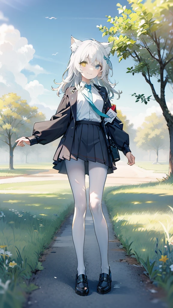 
White hair，Cat ear，Heterochromia（Left blue right yellow），Small size，campus，White pantyhose，grassland，Smile