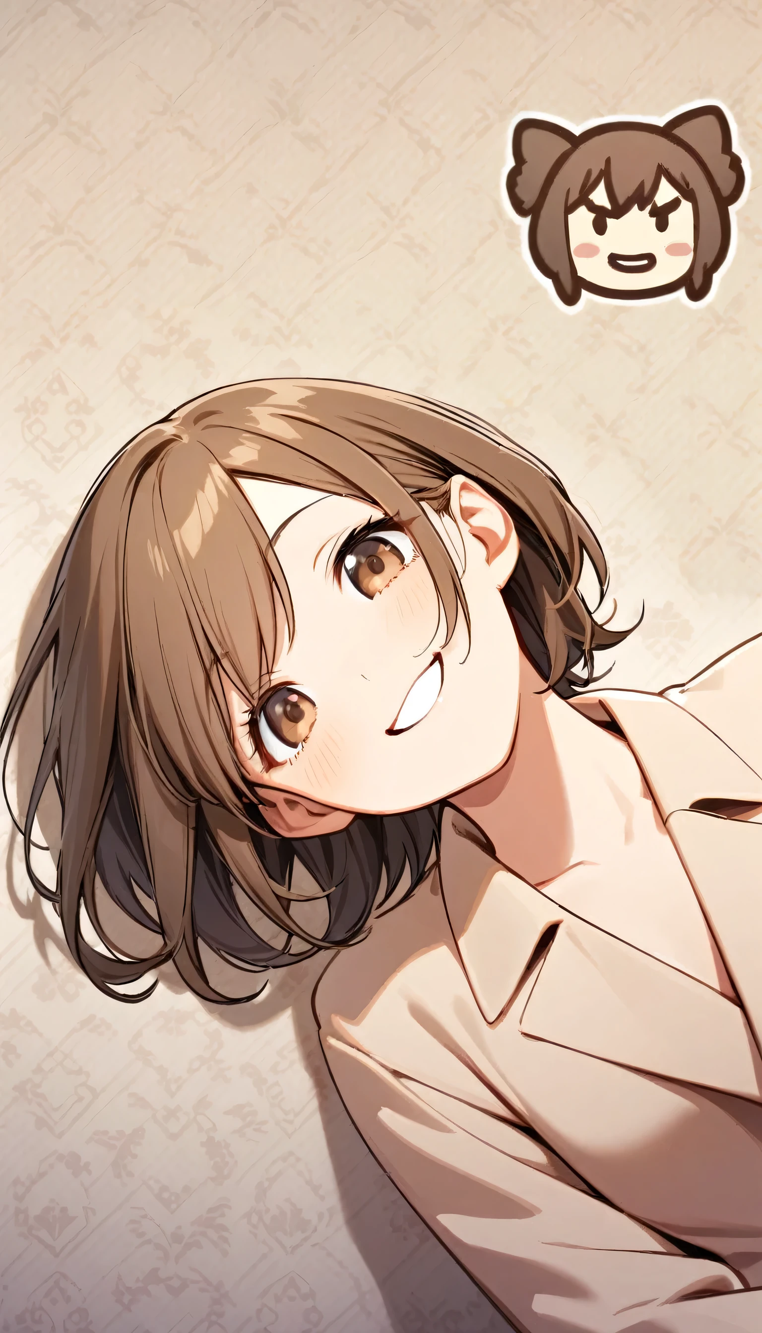 one person，Brown hair，Big Sister，beige coat，Lazy，Smile，Half Body，one person，Natural facial expression，one person，short hair，wallpaper，There is only one person in the picture