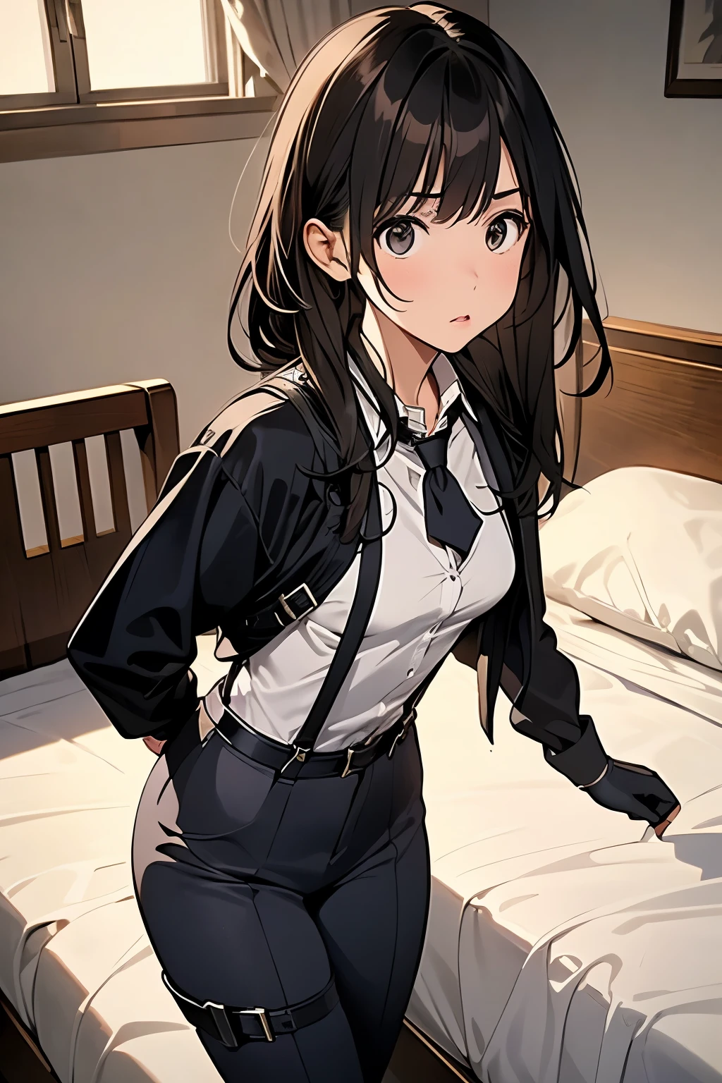 1 female, , high quality, masterpiece, Ultra-high resolution, , Cinema Lighting, , , And the suspenders with the cranes flying　　　Moderate breasts　 　 　　　　Small face　 　　　holster　　　　　　　 Lying in bed　Looking up　　　　Sweat 　　　belt　summer　脇Sweat 　Black Hole Gloves　suit　shirt　　Black jacket　 Black trousers　Leg Links　ズボンにbelt　　holster　 　　Hands behind your back　 Anxious expression　Looking up　Anxious face 