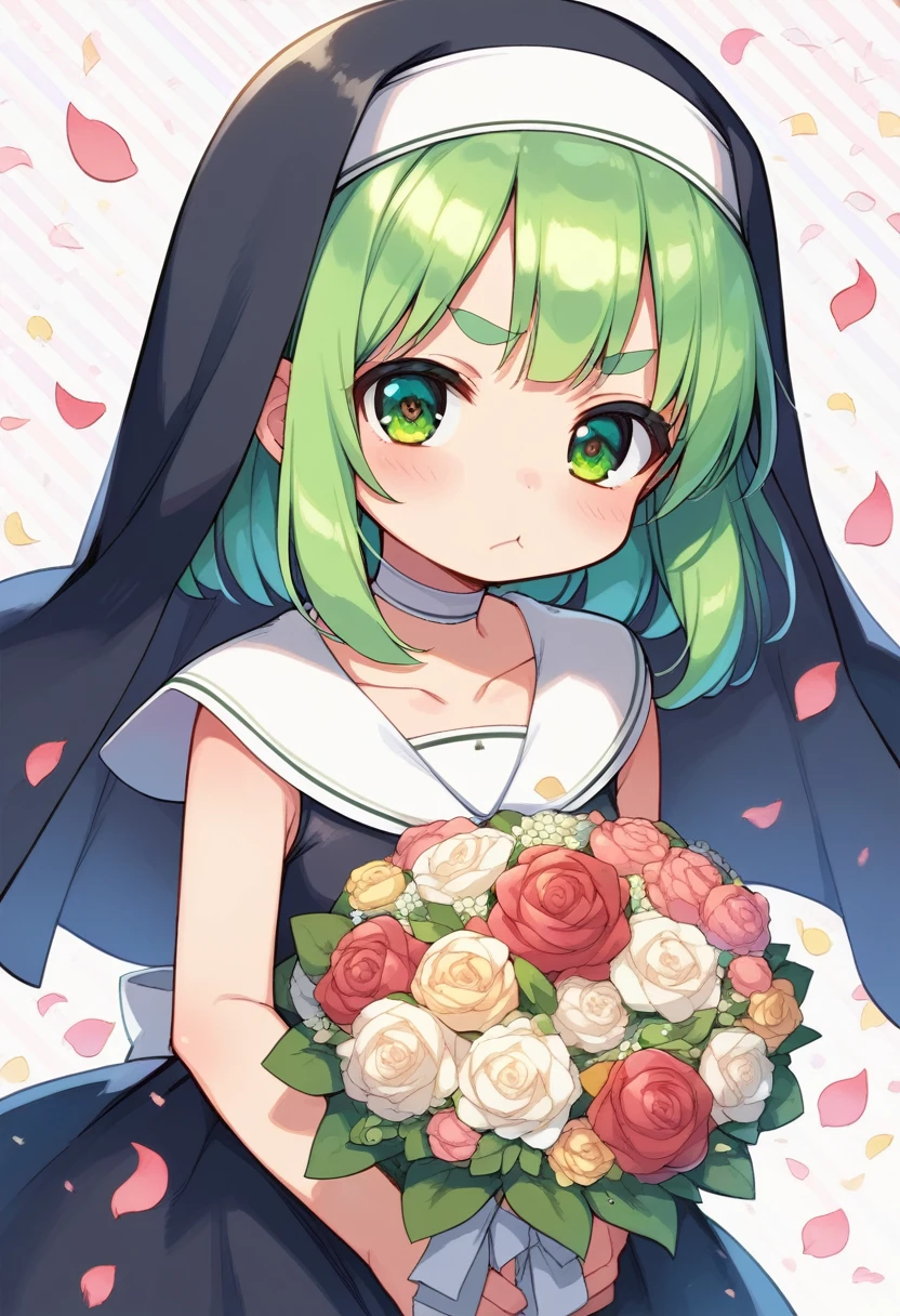 score_9, ,score_7_up, score_6_up, 1girl, source_cartoon, source_anime,breathtalking Scenery,watercolor,smooth soft skin, natural skin,mjm
BREAK
(loli:1.4),(little female child:1.4), small breast,cute face, (loli toddler:1.1), 6 yo,kawaii, (highlight on eyes), (jiggly:0.8), shiny skin,beautiful eyes, detailed eyes, puffy eyes,
BREAK
(medium green hair:1.3),(green maro eyebrows:1.6),pouty and slightly grumpy,(pout:1.2), ::(, (jitome),(frown:0.6),white streaked hair, green eyes,
BREAK
(zigzag pattern nun dress), (pastel veil:1.2),choker,nun,excessive detailed collarbone,
flowerbackground,flowergarden,flower bouquet, (digits behind bouquet:1.3), (hands behind bouquet:1.3),falling petals,
(holding bouquet:1.1), celebration, Congratulations,confetti, bloom effect,dynamicangle,pastelcolor,upturned eyes,