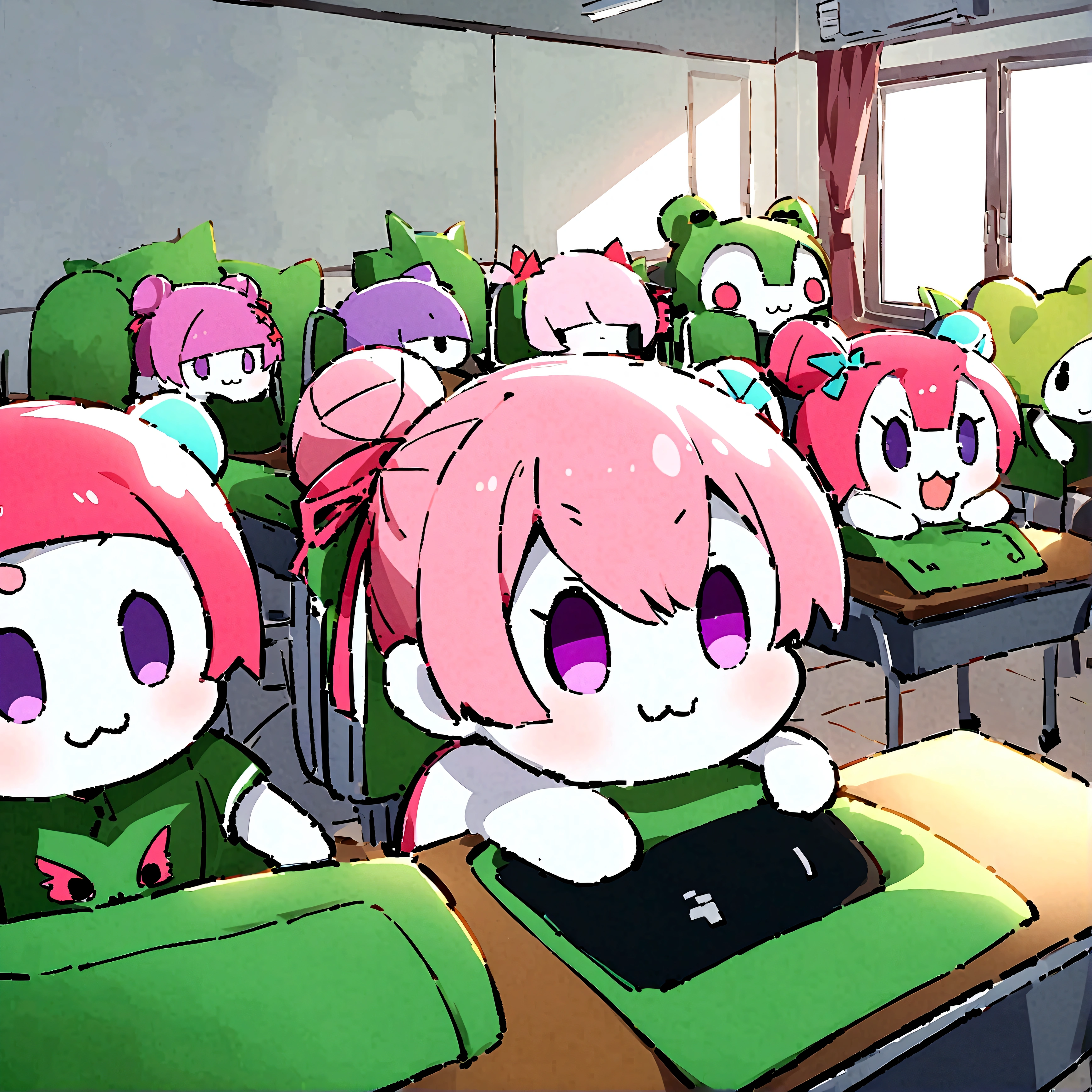 score_9,score_8_up,score_7_up,sure,Living things,:3,Little,Pink Hair,Purple Eyes,Hair Bun,Hair Ribbon,No humans,White skin,Round eyes,No pupil,uniform,ruanyi0726,machine,indoor,Chair,lecture room,