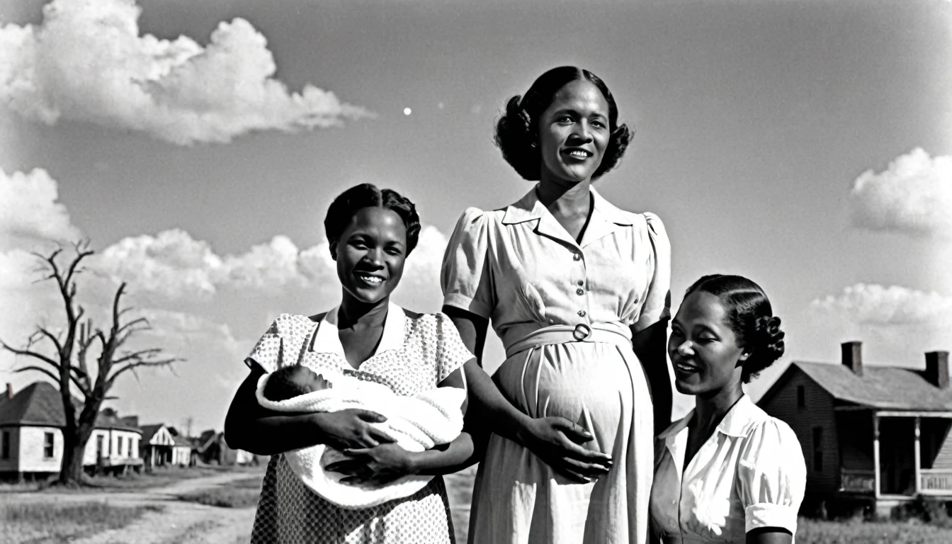 A vibrant town called Meridian in the 1930s with a black midwife holding a newborn baby, Jessie, under southern skies. Three black sisters and a black brother standing nearby.