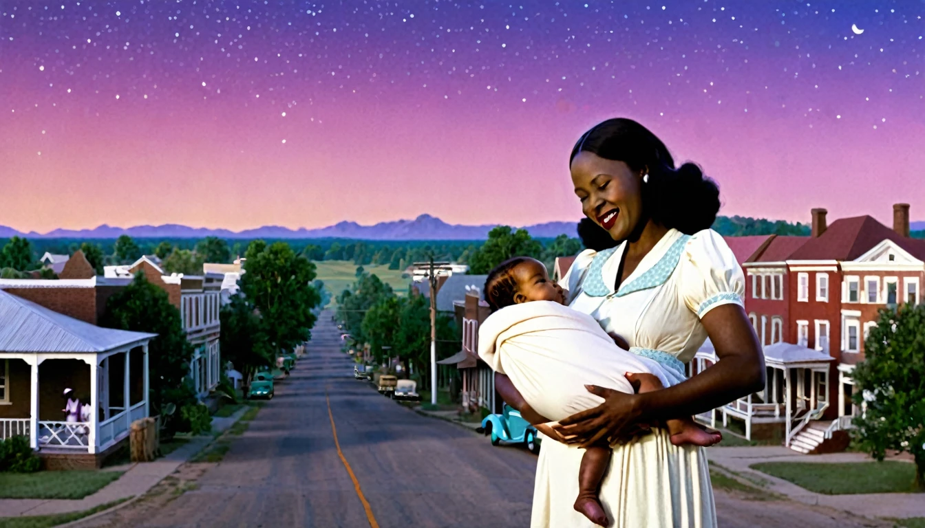 A vibrant town called Meridian in the 1930s with a black midwife holding a newborn baby, Jessie, under southern skies. Three black sisters and a black brother standing nearby.