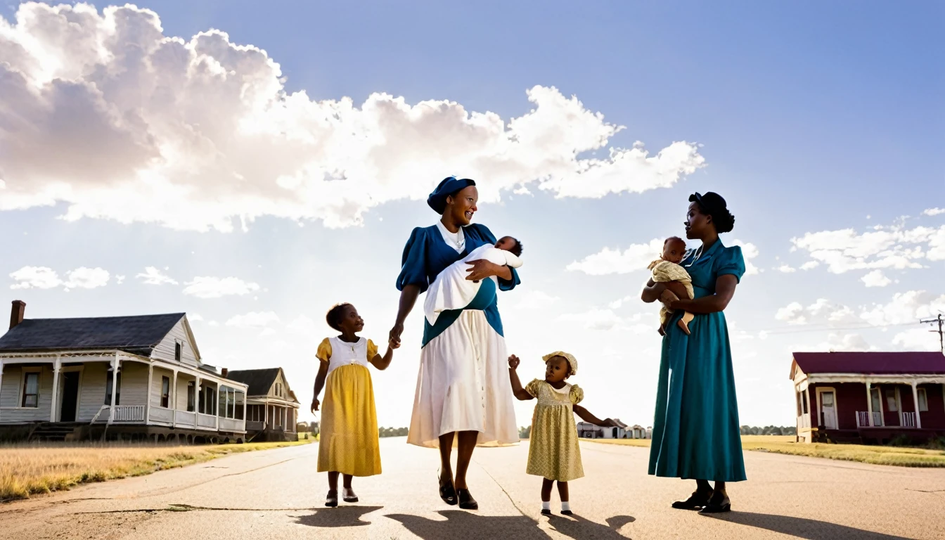 A vibrant town called Meridian in the 1930s with a black midwife holding a newborn baby, Jessie, under southern skies. Three black sisters and a black brother standing nearby.