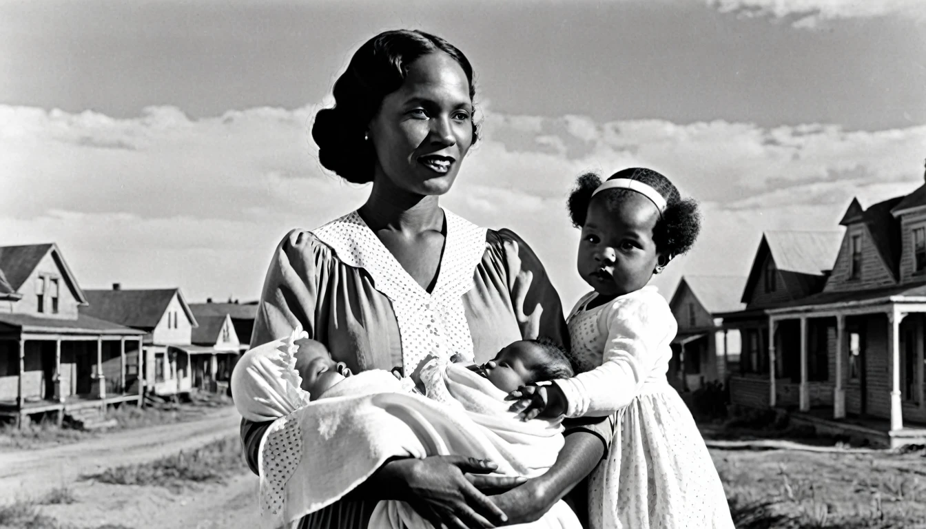 A vibrant town called Meridian in the 1930s with a black midwife holding a newborn baby, Jessie, under southern skies. Three black sisters and a black brother standing nearby.