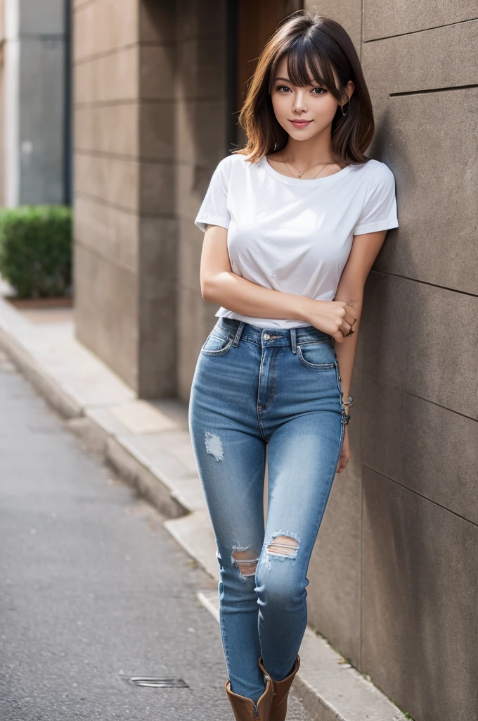 A beautiful woman wearing denim, long boots and a short T-shirt