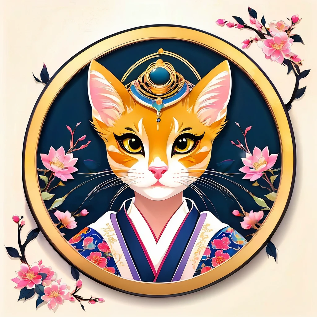 round frame, round circle, circular, create a Japanese circular seal kamon (very colorful with contrast) in the size of the picture on a white background, an indigo-gold art deco circle a floral art deco pattern in the middle the upper body picture of a stunning cat girl (long magenta hair,yellow cat eyes)with a beautifully designed clothing with georgeous patterns and flower hanfu headpiece. she is posing in front of plain graphic japanese background inside the round frame. cat ear, vampy fang,cateyes, pink cherry blossoms