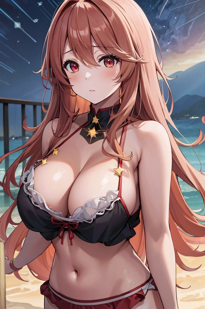 (masterpiece:1.3), (best quality:1.1), (8k, ultra detailed, ultra high res:1.2), ((anime style)), (perfect 5 fingers:1.1), perfect anatomy, 
1girl,
BREAK long hair, wavy hair, 
strawberry blonde hair, 
red eyes, empty eyes. 
large breasts,  
bikini, 
looking at viewer, 
upper body, 
perfect light, 
outdoor, outside, shining sky, distant horizon, clouds, natural beauty, (night sky, Shining Stars:1.5), (summer triangle:1.5), sea, 