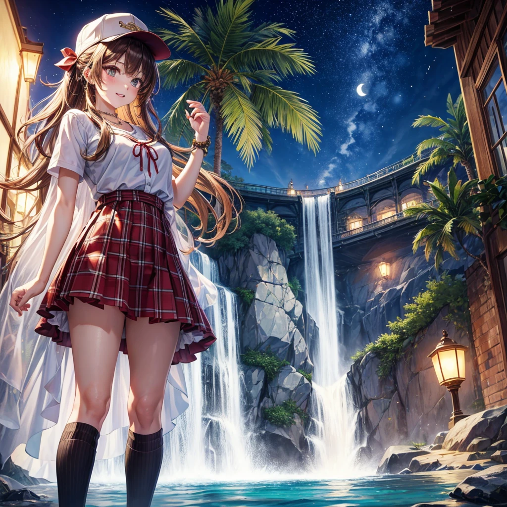Red, brown, gold, gold hair、Golden Eyes、Hair tied up、One good looking girl、solo、anime、Checkered mini skirt、Ruffles on the skirt、Checked dress、blouse、school uniform、Black knee-high socks、Wearing a baseball cap、Ribbon、Ribbon on waist、Teeth are visible、Silver coin necklace、From above、Cobblestones、waterfall、Starry Sky、Midnight Moon、suspension bridge、Soap bubbles are flying、beam、ripple、Rocks floating in water、Standing still、Eight Towers、Palm Tree、Transparent、Dragon flying、Sandy Beach