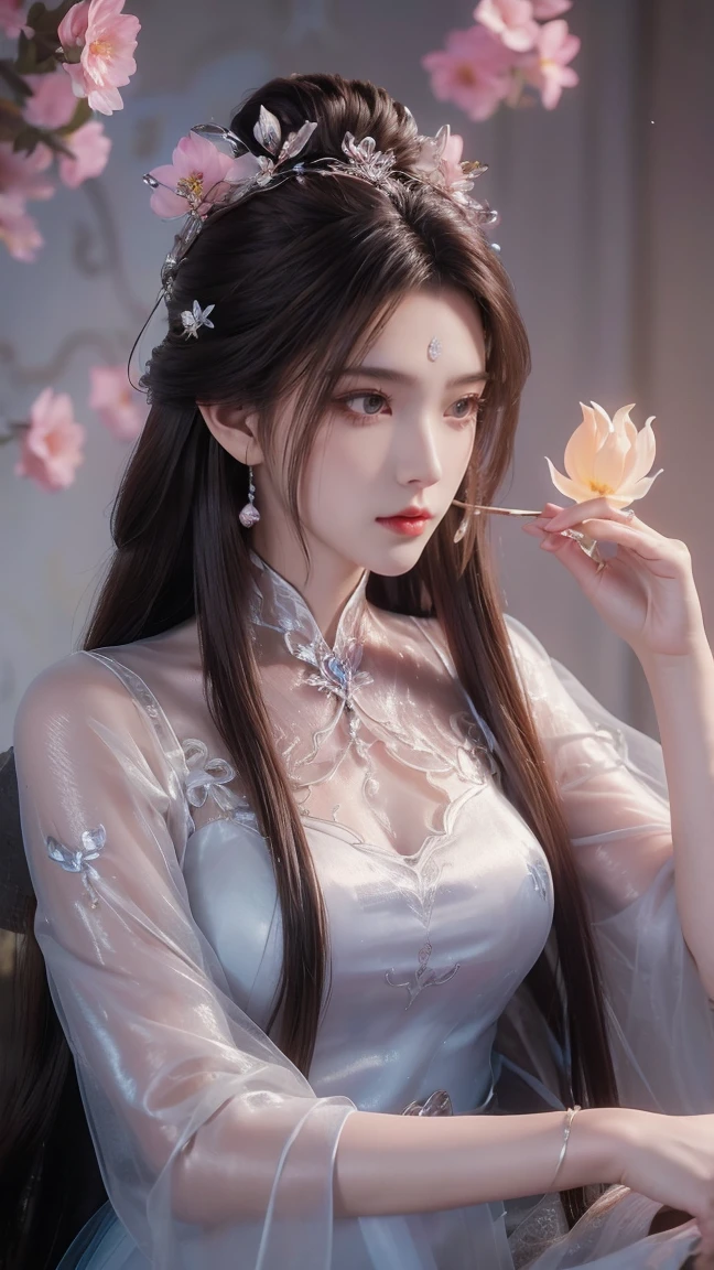 Long flowing brown hair，Fluorescent eyeshadow，Glowing pale eyeoon，Demon-free，Plush earoonlight，Flowing tulle，Best picture quality，Transparent flowers，Gradient petals，Flower hairpin，Noodles