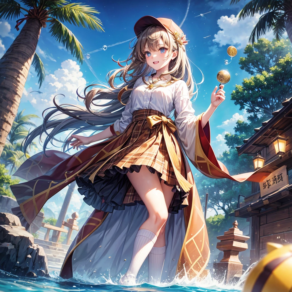 Red, brown, gold, gold hair、Golden Eyes、Hair tied up、One good looking girl、solo、anime、Checkered mini skirt、Ruffles on the skirt、Checked dress、blouse、school uniform、Black knee-high socks、Wearing a baseball cap、Ribbon、Ribbon on waist、Teeth are visible、Silver coin necklace、From above、Cobblestones、waterfall、Starry Sky、Midnight Moon、suspension bridge、Soap bubbles are flying、beam、ripple、Rocks floating in water、Standing still、Eight Towers、Palm Tree、Transparent、Dragon flying、Sandy Beach