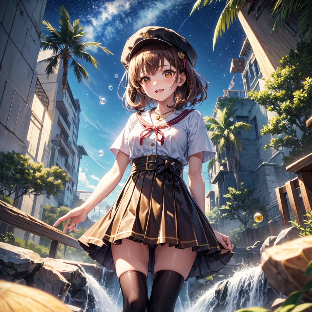Red, brown, gold, gold hair、Golden Eyes、Hair tied up、One good looking girl、solo、anime、Checkered mini skirt、Ruffles on the skirt、Checked dress、blouse、school uniform、Black knee-high socks、Wearing a baseball cap、Ribbon、Ribbon on waist、Teeth are visible、Silver coin necklace、From above、Cobblestones、waterfall、Starry Sky、Midnight Moon、suspension bridge、Soap bubbles are flying、beam、ripple、Rocks floating in water、Standing still、Eight Towers、Palm Tree、Transparent、Dragon flying、Sandy Beach