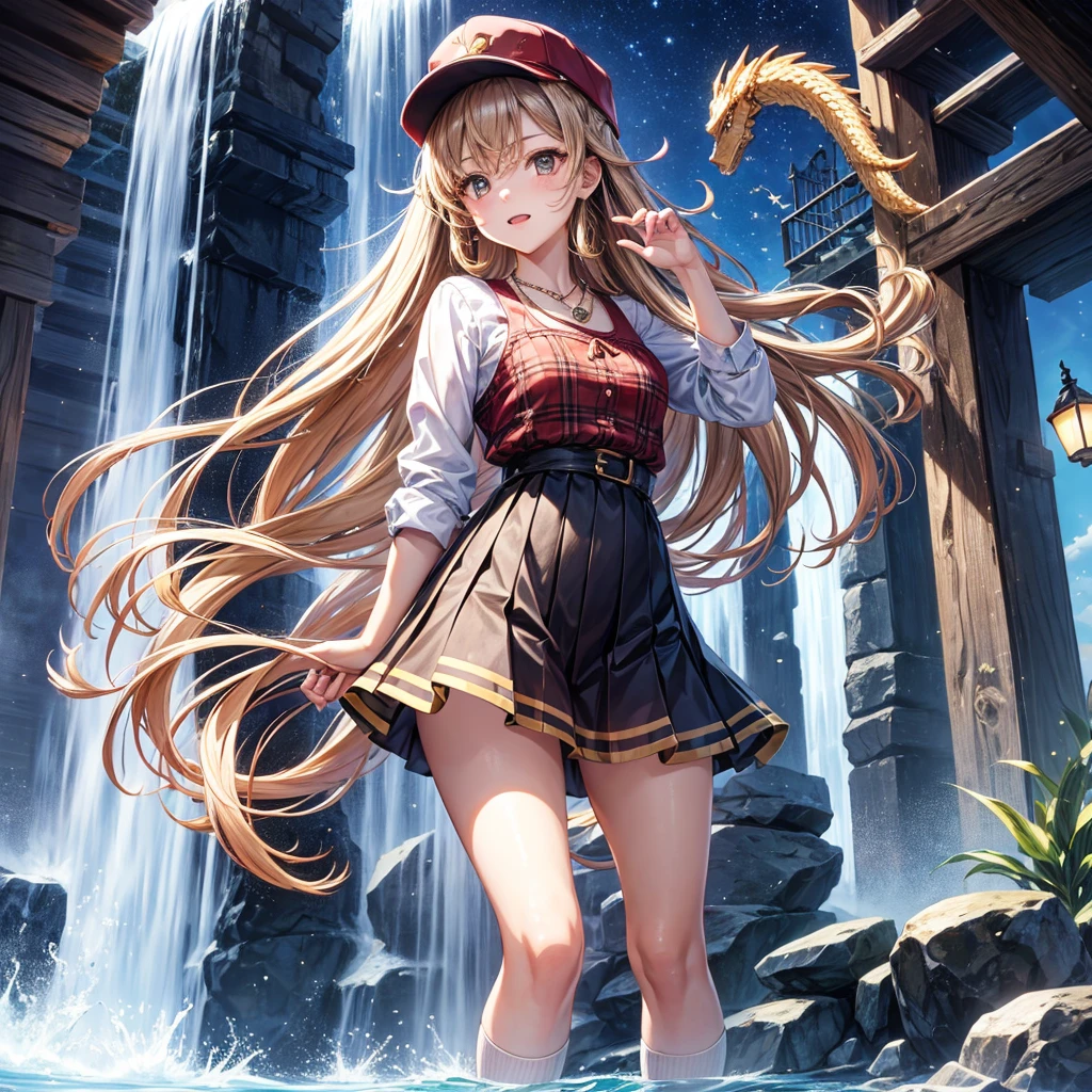Red, brown, gold, gold hair、Golden Eyes、Hair tied up、One good looking girl、solo、anime、Checkered mini skirt、Ruffles on the skirt、Checked dress、blouse、school uniform、Black knee-high socks、Wearing a baseball cap、Ribbon、Ribbon on waist、Teeth are visible、Silver coin necklace、From above、Cobblestones、waterfall、Starry Sky、Midnight Moon、suspension bridge、Soap bubbles are flying、beam、ripple、Rocks floating in water、Standing still、Eight Towers、Palm Tree、Transparent、Dragon flying、Sandy Beach