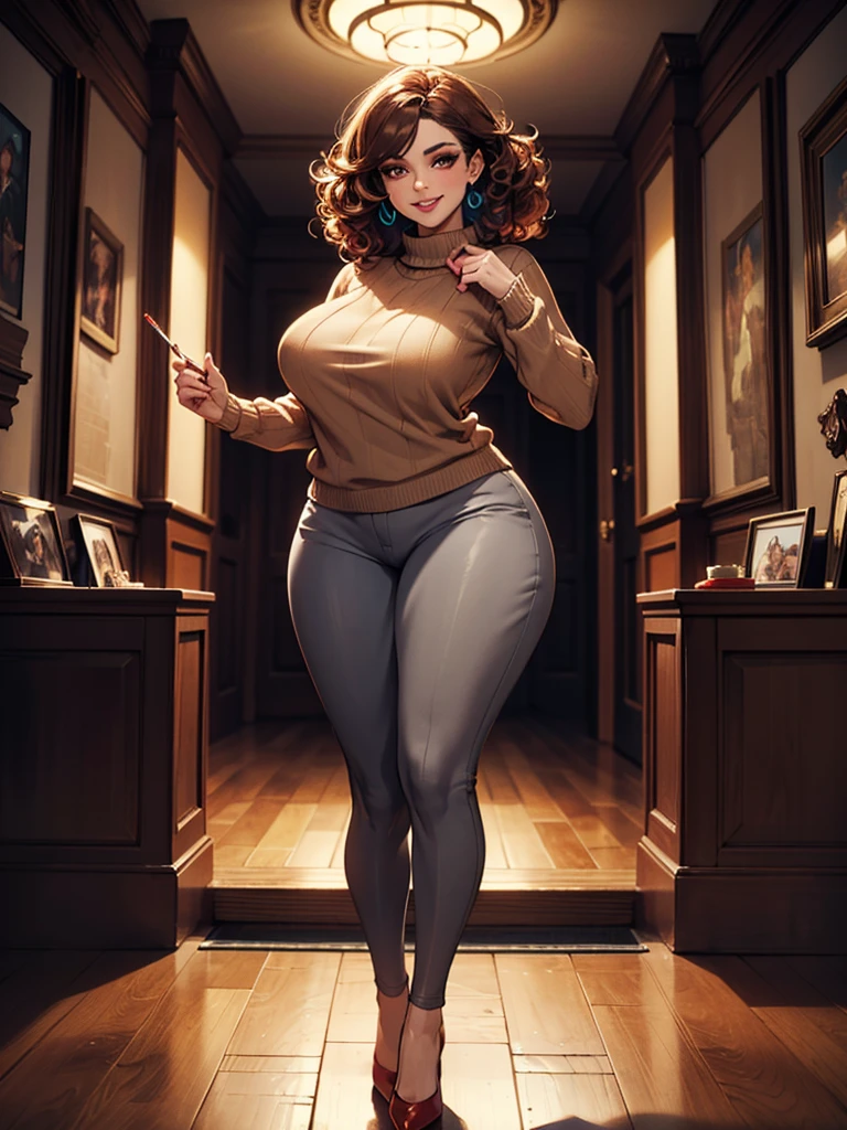 solo, (brown sweater), (gray pants), seductive smiling, (((standing to camera))), (red heels), (brown eyeshadow), (brown curly hair), ((voluptuous body)), (perky butt), (((mother))), radiant lighting, vibrant colors, whimsical atmosphere, 8K, high resolution, highly detailed, masterpiece, vibrant and luminous, dynamic and imaginative, beautiful and enchanting, charming and captivating