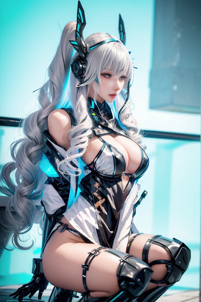 Super Detail, High Detail, high quality, best quality, High resolution,1 female robot,Beautiful female robot,beautiful clear face(Rain waves_haneame:1.5), Realistic, High resolution, Soft Light,Hips up, (Detailed face), silver hair, long hair, Mecha Maiden, Colorful mechanical parts, mechanical joint, Thick mechanical armor,Weaponry, All metal body, Technology Antenna Hair Accessories,The body is connected by wires and cables
