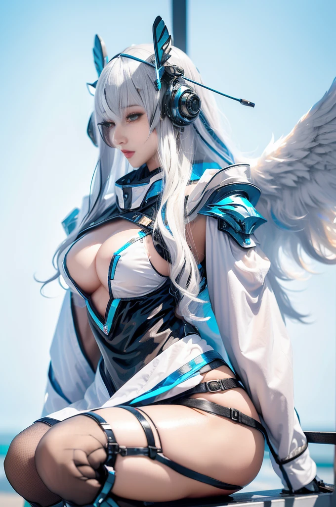 Super Detail, High Detail, high quality, best quality, High resolution,1 female robot,Beautiful female robot,beautiful clear face(Rain waves_haneame:1.5), Realistic, High resolution, Soft Light,Hips up, (Detailed face), silver hair, long hair, Mecha Maiden, Colorful mechanical parts, mechanical joint, Thick mechanical armor,Weaponry, All metal body, Technology Antenna Hair Accessories,The body is connected by wires and cables