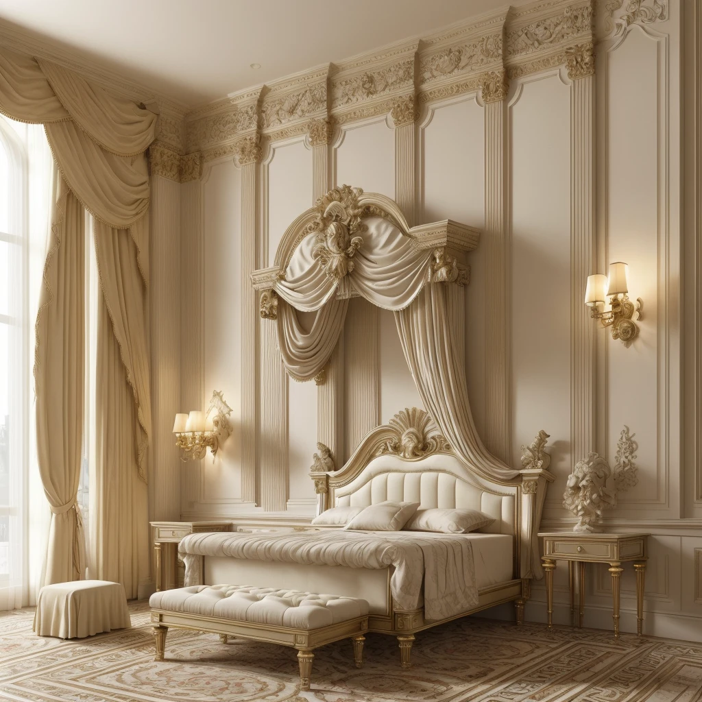 there is a bed with a headboard and a foot stool in a room, neoclassicism style, neoclassical style, classicism style, elegant interior, in style of classicism, elegant render, luxury hd render, elegant and ornate, high quality 3 d render, high quality 3d render, neo - classical style, classicism artstyle