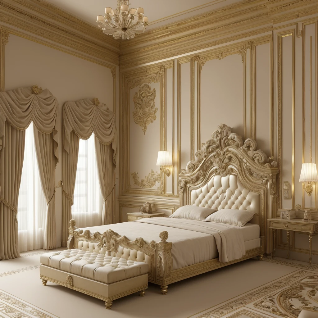 there is a bed with a headboard and a foot stool in a room, neoclassicism style, neoclassical style, classicism style, elegant interior, in style of classicism, elegant render, luxury hd render, elegant and ornate, high quality 3 d render, high quality 3d render, neo - classical style, classicism artstyle