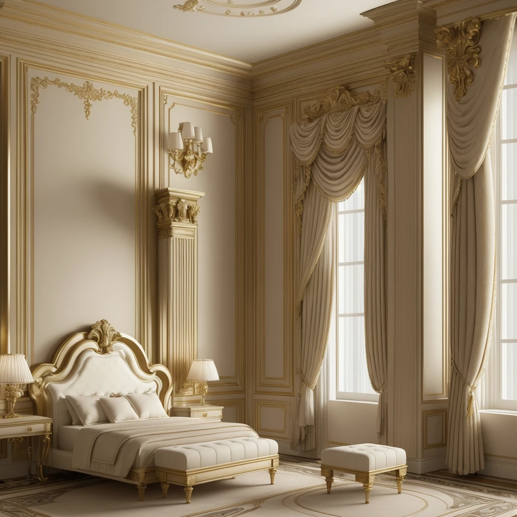 there is a bed with a headboard and a foot stool in a room, neoclassicism style, neoclassical style, classicism style, elegant interior, in style of classicism, elegant render, luxury hd render, elegant and ornate, high quality 3 d render, high quality 3d render, neo - classical style, classicism artstyle