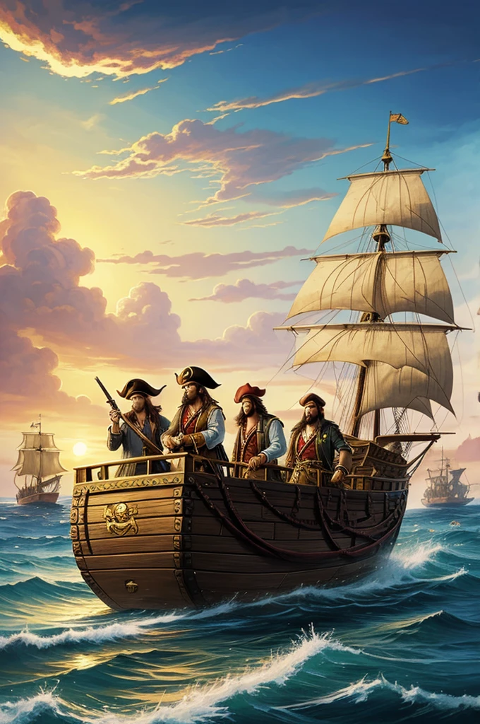 Illustration for the novel"Treasure Island"with pirates loading chests of gold onto a ship