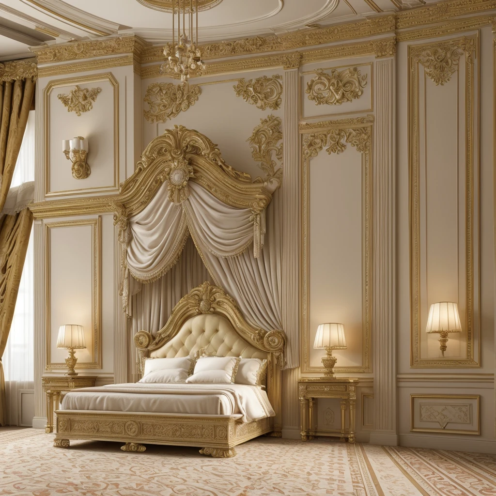 there is a bed with a headboard and a foot stool in a room, neoclassicism style, neoclassical style, classicism style, elegant interior, in style of classicism, elegant render, luxury hd render, elegant and ornate, high quality 3 d render, high quality 3d render, neo - classical style, classicism artstyle