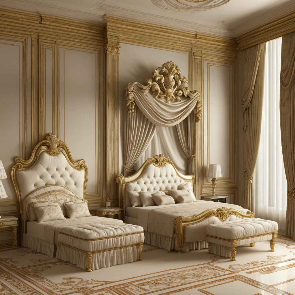 there is a bed with a headboard and a foot stool in a room, neoclassicism style, neoclassical style, classicism style, elegant interior, in style of classicism, elegant render, luxury hd render, elegant and ornate, high quality 3 d render, high quality 3d render, neo - classical style, classicism artstyle