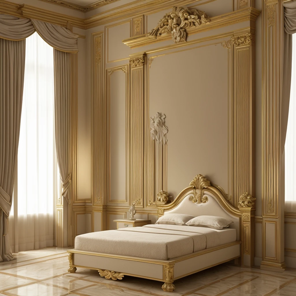 there is a bed with a headboard and a foot stool in a room, neoclassicism style, neoclassical style, classicism style, elegant interior, in style of classicism, elegant render, luxury hd render, elegant and ornate, high quality 3 d render, high quality 3d render, neo - classical style, classicism artstyle