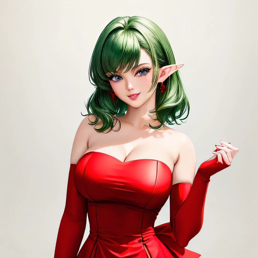  ((masterpiece,best quality,ultra-delicate,Perfect Face,16k,high resolution,very beautiful girl)),Medium short green hair:1.2, Red strapless bodycon tube dress tied huge red bow ,Red long arm sleeves,red high heels,Elf Girl,large Breasts,blue eyes,Beautiful smile,20 years old