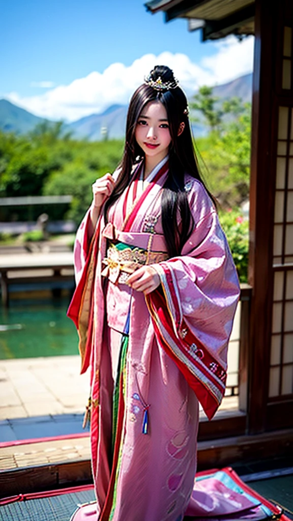 A beautiful 15-year-old Japanese princess from the Sengoku period with long black hair Gorgeous embroidery, Ultra glossy, She is wearing a shiny Edo-period princess kimono. She takes out her nipples and squeezes out the milk