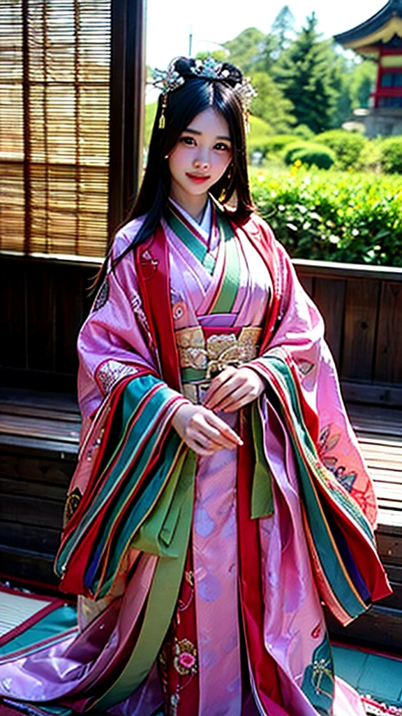 A beautiful 15-year-old Japanese princess from the Sengoku period with long black hair Gorgeous embroidery, Ultra glossy, She is wearing a shiny Edo-period princess kimono. She takes out her nipples and squeezes out the milk
